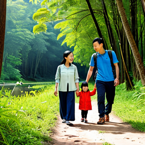 Home 4 A Vietnamese family, consisting of parents and two children (a boy and a girl), sharing a joyful moment on a gentle hiking trail in a lush, green national park. They are fully clothed in modest, comfortable outdoor attire suitable for hiking, wearing appropriate shoes and light jackets. The parents are smiling, gently guiding the children, who are looking with curiosity at a small stream or a cluster of wildflowers. The background features towering trees, dappled sunlight filtering through the canopy, and a clear, natural path. The overall scene is peaceful, emphasizing family connection and the beauty of nature. Perfect anatomy, correct proportions, natural pose, well-formed hands, proper finger count, natural body proportions, safe for work, appropriate content, family-friendly, high-quality professional photography, vibrant colors, detailed textures.