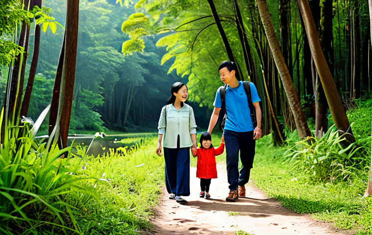 A Vietnamese family, consisting of parents and two children (a boy and a girl), sharing a joyful moment on a gentle hiking trail in a lush, green national park. They are fully clothed in modest, comfortable outdoor attire suitable for hiking, wearing appropriate shoes and light jackets. The parents are smiling, gently guiding the children, who are looking with curiosity at a small stream or a cluster of wildflowers. The background features towering trees, dappled sunlight filtering through the canopy, and a clear, natural path. The overall scene is peaceful, emphasizing family connection and the beauty of nature. Perfect anatomy, correct proportions, natural pose, well-formed hands, proper finger count, natural body proportions, safe for work, appropriate content, family-friendly, high-quality professional photography, vibrant colors, detailed textures.