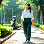 A serene Vietnamese woman, mid-30s, dressed in modest, professional casual attire – a loose-fitting blouse and tailored trousers. She is gently walking along a winding path in a vibrant, sun-dappled urban park in Ho Chi Minh City, surrounded by lush green foliage and tall shade trees. Soft morning sunlight filters through the leaves, creating beautiful light and shadow patterns. In the background, calm figures are seen enjoying the park. The scene conveys a sense of tranquility, mental clarity, and rejuvenation. Professional photography, high detail, sharp focus, natural colors. safe for work, appropriate content, fully clothed, modest clothing, perfect anatomy, correct proportions, natural pose, well-formed hands, proper finger count, natural body proportions.