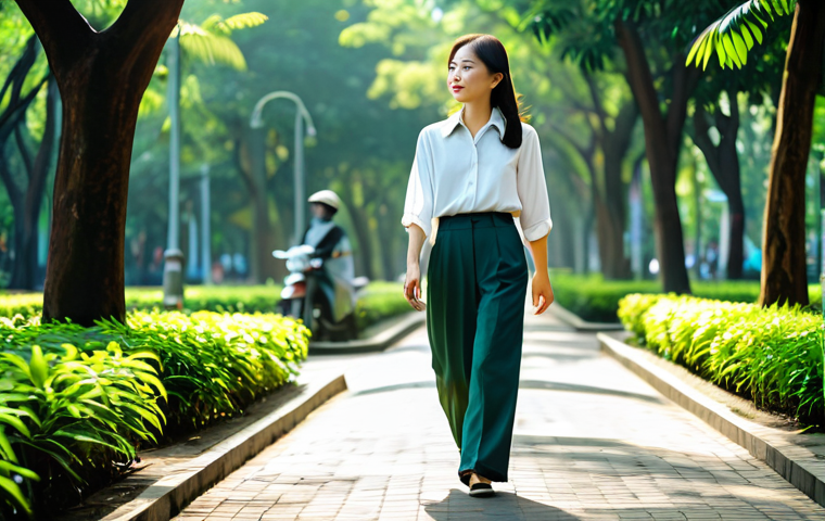 A serene Vietnamese woman, mid-30s, dressed in modest, professional casual attire – a loose-fitting blouse and tailored trousers. She is gently walking along a winding path in a vibrant, sun-dappled urban park in Ho Chi Minh City, surrounded by lush green foliage and tall shade trees. Soft morning sunlight filters through the leaves, creating beautiful light and shadow patterns. In the background, calm figures are seen enjoying the park. The scene conveys a sense of tranquility, mental clarity, and rejuvenation. Professional photography, high detail, sharp focus, natural colors. safe for work, appropriate content, fully clothed, modest clothing, perfect anatomy, correct proportions, natural pose, well-formed hands, proper finger count, natural body proportions.