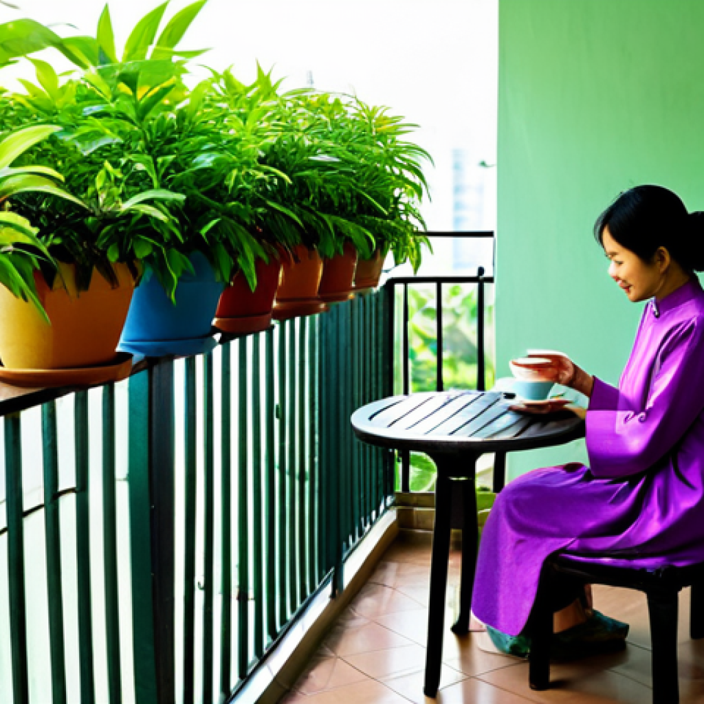 Peaceful Balcony Garden**
A small balcony garden in Vietnam, overflowing with lush greenery and colorful flowers in pots and hanging baskets. A woman in a modest Ao Dai sits on a small chair, enjoying a cup of tea. Sunlight filters through the leaves. Perfect anatomy, well-formed hands, fully clothed, appropriate content, safe for work, professional photography, natural pose, modest clothing, high quality.
**