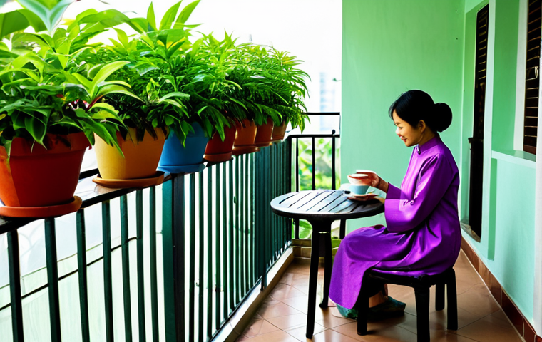 Peaceful Balcony Garden**
A small balcony garden in Vietnam, overflowing with lush greenery and colorful flowers in pots and hanging baskets. A woman in a modest Ao Dai sits on a small chair, enjoying a cup of tea. Sunlight filters through the leaves. Perfect anatomy, well-formed hands, fully clothed, appropriate content, safe for work, professional photography, natural pose, modest clothing, high quality.
**