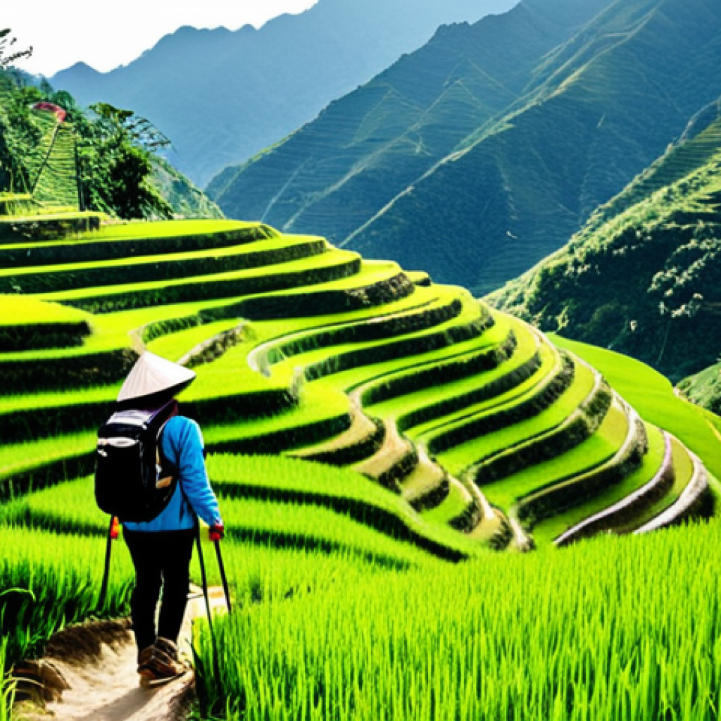 Hiking in Sapa**
"A Vietnamese woman, fully clothed in modest hiking attire, enjoying a scenic hike through the rice terraces of Sapa, Vietnam. Lush green landscape, distant mountains, natural sunlight. Safe for work, appropriate content, professional photograph, perfect anatomy, correct proportions, family-friendly."
**