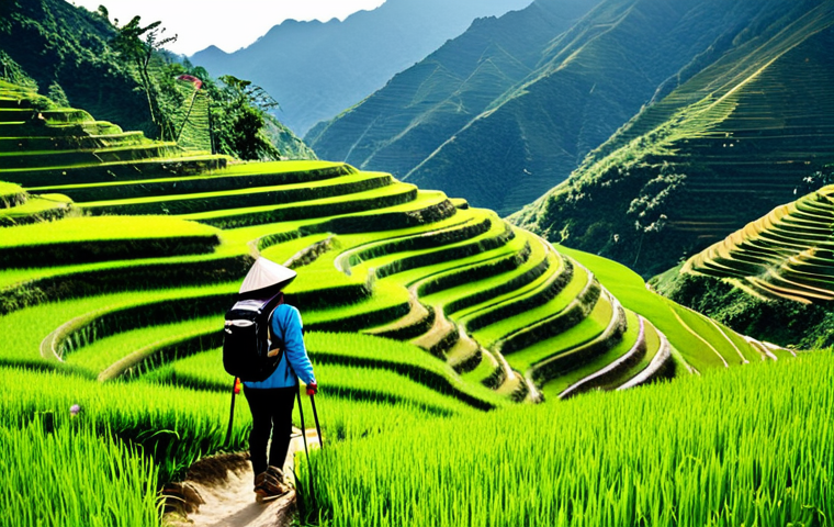 Hiking in Sapa**
"A Vietnamese woman, fully clothed in modest hiking attire, enjoying a scenic hike through the rice terraces of Sapa, Vietnam. Lush green landscape, distant mountains, natural sunlight. Safe for work, appropriate content, professional photograph, perfect anatomy, correct proportions, family-friendly."
**