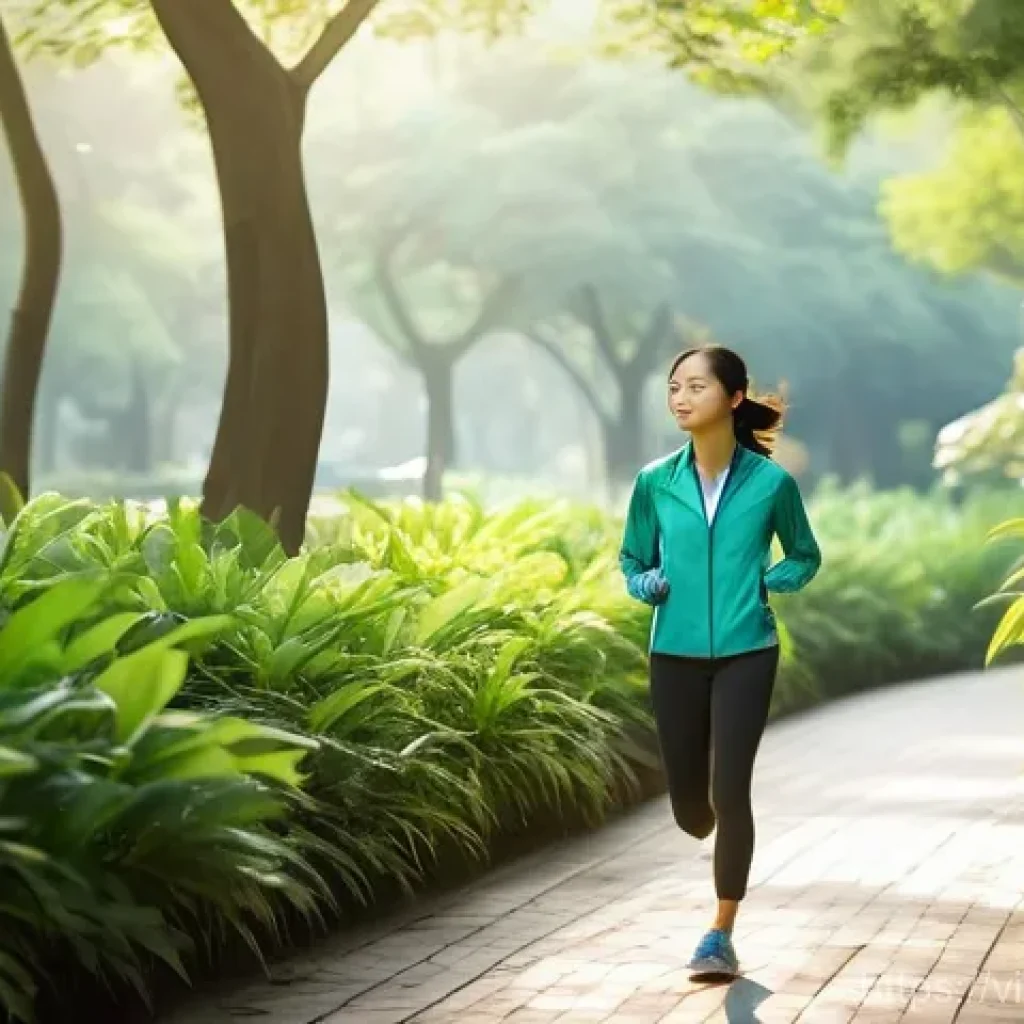 산책이 주는 심리적 안정 - **Prompt 1: Serene Morning Walk for Mental Clarity**
"A young Vietnamese woman, dressed in modes...
