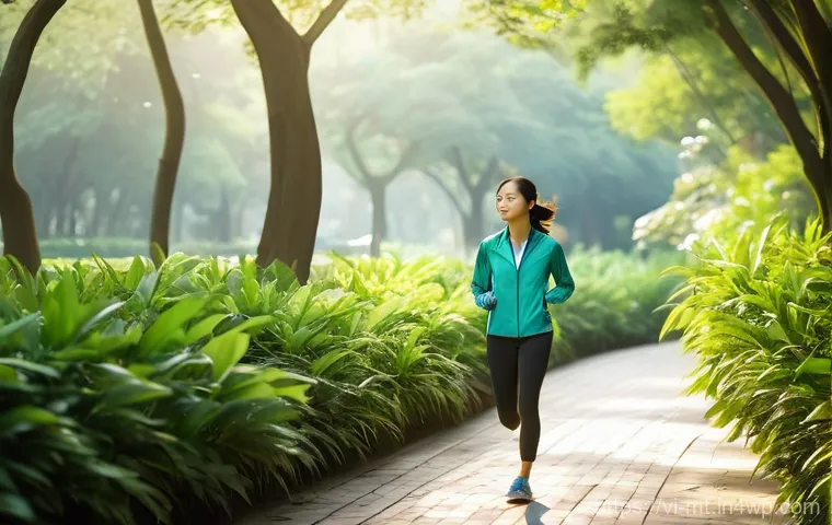 산책이 주는 심리적 안정 - **Prompt 1: Serene Morning Walk for Mental Clarity**
"A young Vietnamese woman, dressed in modes...