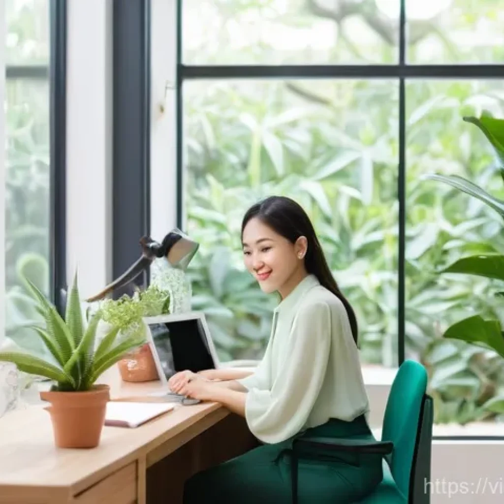 자연을 통한 직장 내 스트레스 관리 - **"Bringing Nature Indoors: A Calm Office Oasis"**
A peaceful, brightly lit modern office desk s...