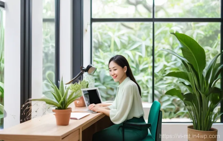 자연을 통한 직장 내 스트레스 관리 - **"Bringing Nature Indoors: A Calm Office Oasis"**
A peaceful, brightly lit modern office desk s...