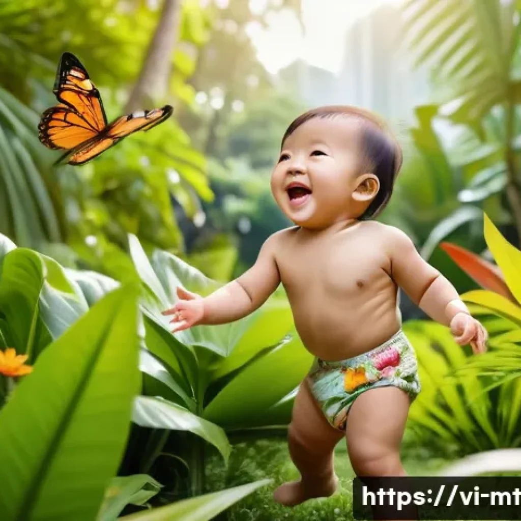 자연에서의 활동이 주는 유아의 정서적 발달 - A joyful Vietnamese toddler wearing a colorful diaper playing in a lush green park surrounded by tro...
