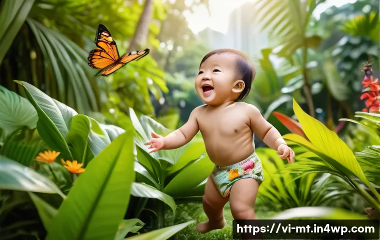 자연에서의 활동이 주는 유아의 정서적 발달 - A joyful Vietnamese toddler wearing a colorful diaper playing in a lush green park surrounded by tro...