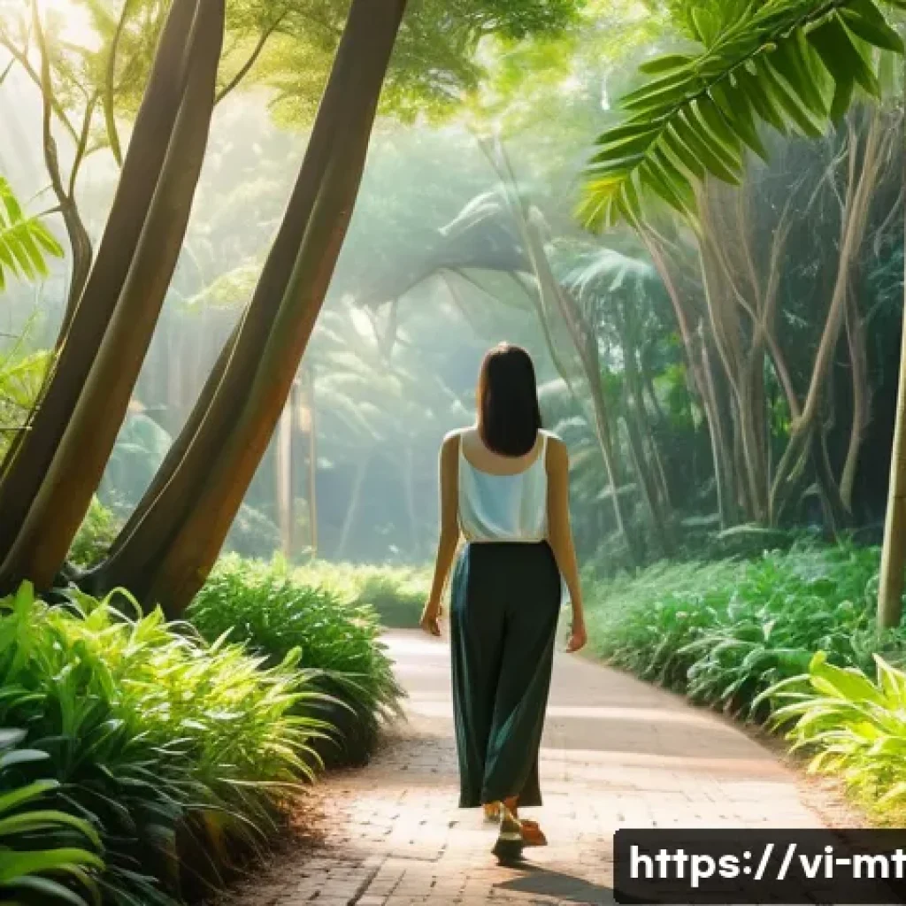 자연에 대한 연결감을 키우는 방법 - A peaceful outdoor scene in a Vietnamese park during early morning, featuring a young woman wearing ...