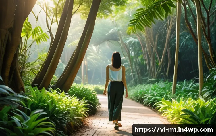 자연에 대한 연결감을 키우는 방법 - A peaceful outdoor scene in a Vietnamese park during early morning, featuring a young woman wearing ...