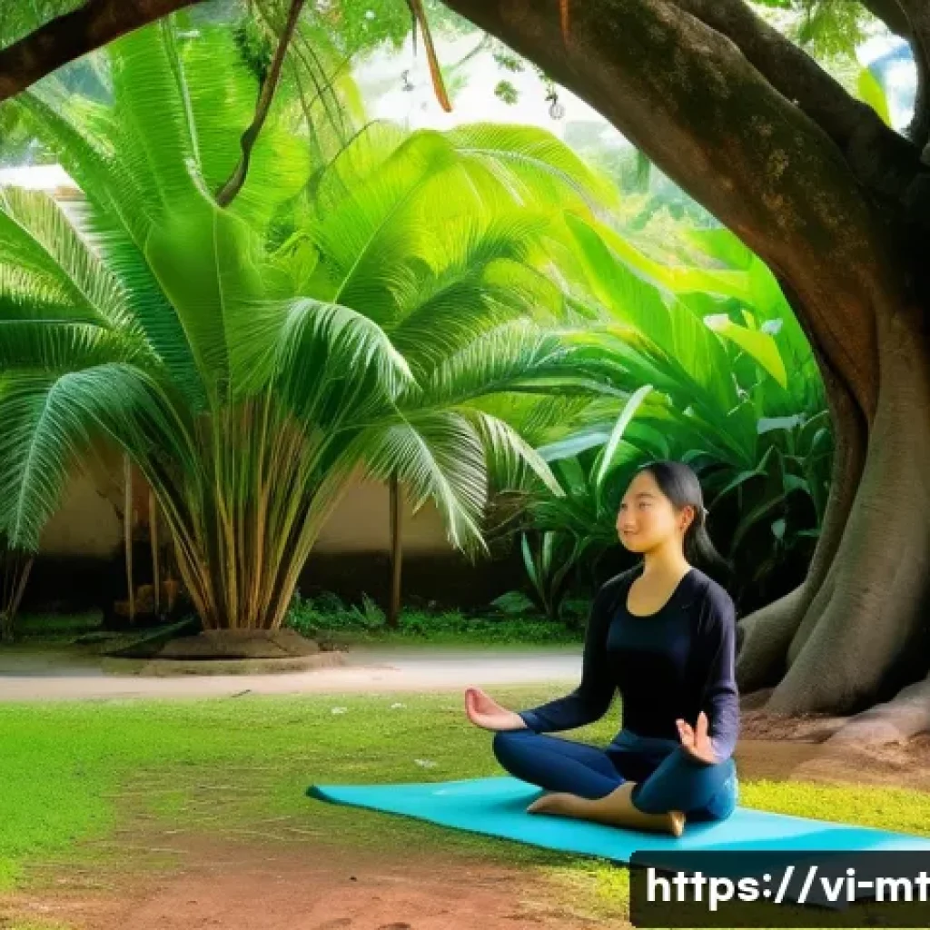 자연을 활용한 감정 조절 기법 - A peaceful Vietnamese park scene in early morning light, featuring a young Vietnamese woman wearing ...
