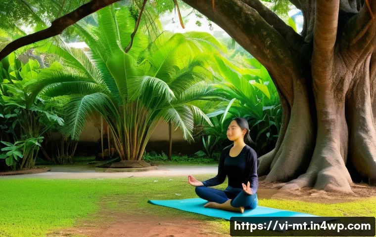 자연을 활용한 감정 조절 기법 - A peaceful Vietnamese park scene in early morning light, featuring a young Vietnamese woman wearing ...