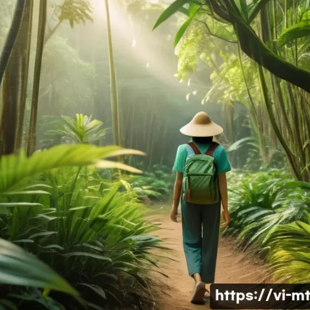 숲에서의 시간 보내기의 심리적 이점 - A peaceful Vietnamese forest scene in early morning light, with soft sunlight filtering through dens...