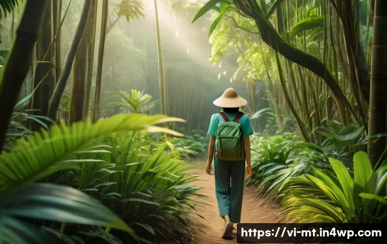 숲에서의 시간 보내기의 심리적 이점 - A peaceful Vietnamese forest scene in early morning light, with soft sunlight filtering through dens...