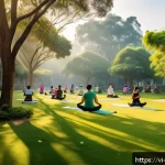 Home 22 자연 속에서의 즐거운 경험이 주는 혜택 - A serene Vietnamese urban park scene in early morning light, featuring lush green trees such as euca...