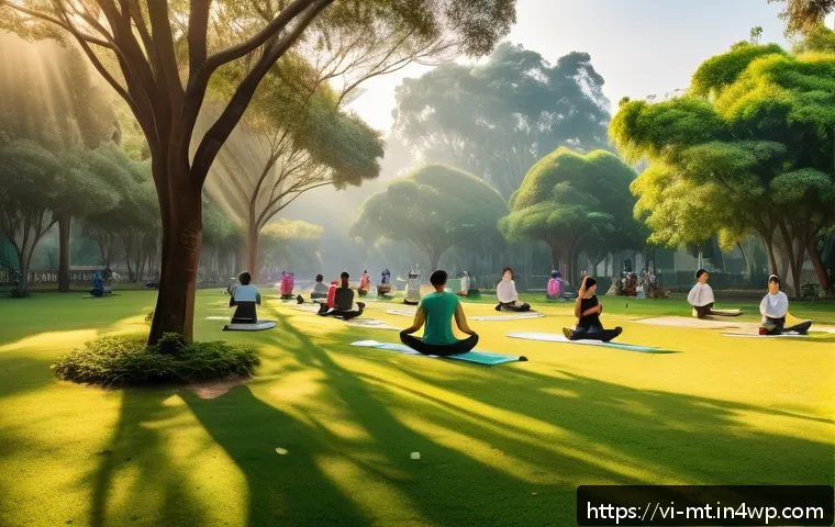 자연 속에서의 즐거운 경험이 주는 혜택 - A serene Vietnamese urban park scene in early morning light, featuring lush green trees such as euca...