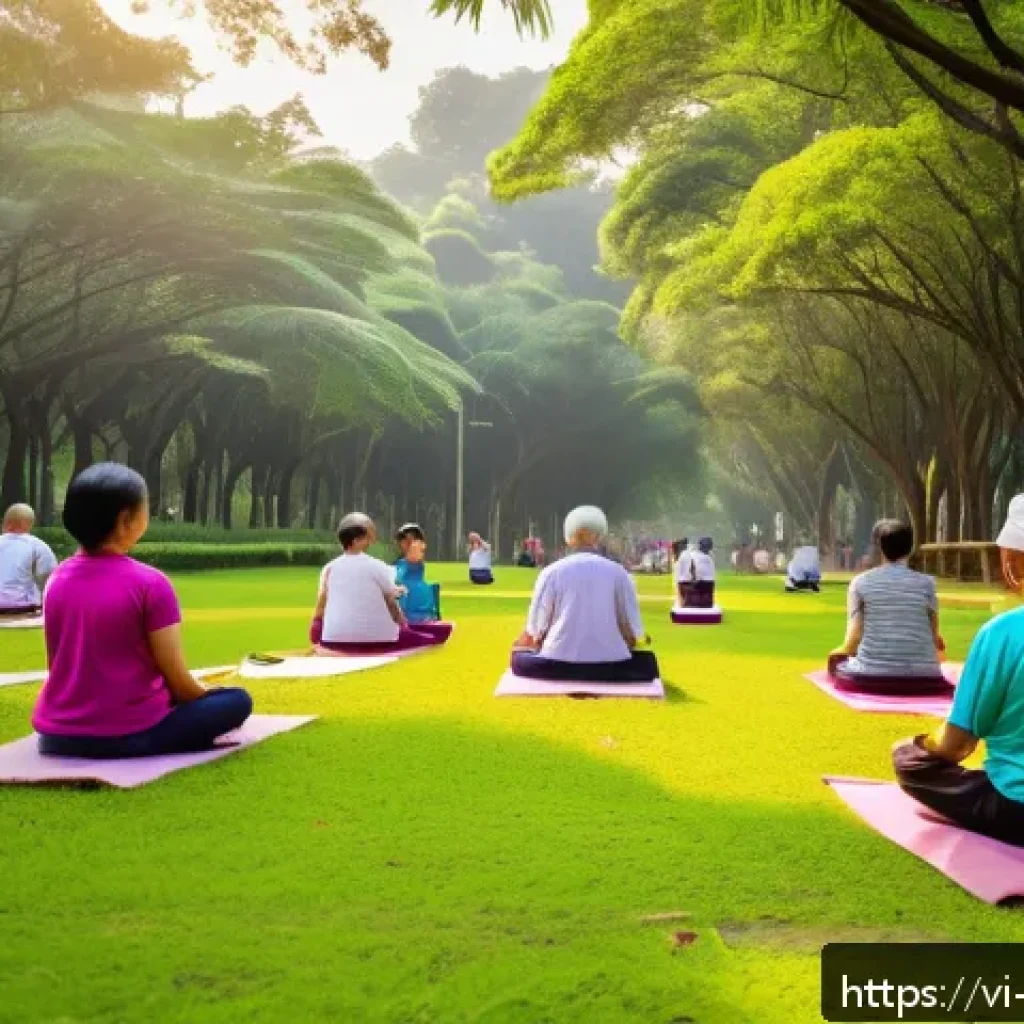 자연 속에서의 긍정적인 사고 증진 방법 - A serene early morning scene in a lush urban park in Hanoi, Vietnam, featuring a diverse group of ad...