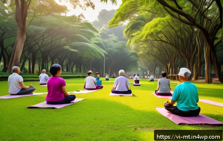 자연 속에서의 긍정적인 사고 증진 방법 - A serene early morning scene in a lush urban park in Hanoi, Vietnam, featuring a diverse group of ad...
