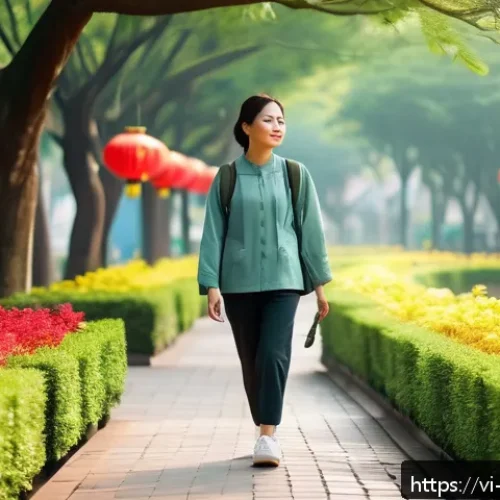 Home 32 자연 속에서의 에너지 회복 방법 - A serene early morning scene in a Vietnamese urban park, featuring a young adult woman walking along...