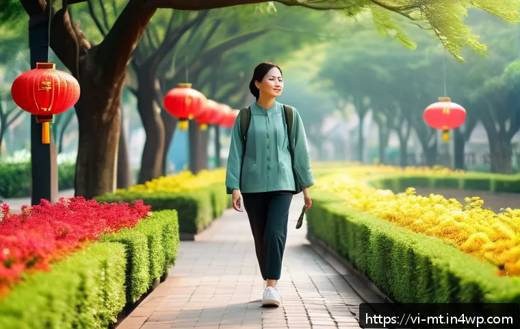 자연 속에서의 에너지 회복 방법 - A serene early morning scene in a Vietnamese urban park, featuring a young adult woman walking along...