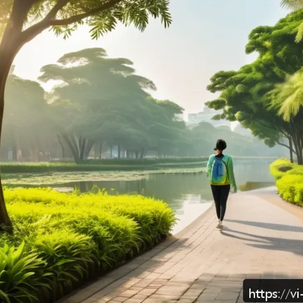 자연과의 연결이 우울증 완화에 미치는 영향 - A peaceful urban park scene in Vietnam during early morning, featuring a middle-aged Vietnamese woma...