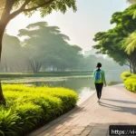 Home 19 자연과의 연결이 우울증 완화에 미치는 영향 - A peaceful urban park scene in Vietnam during early morning, featuring a middle-aged Vietnamese woma...