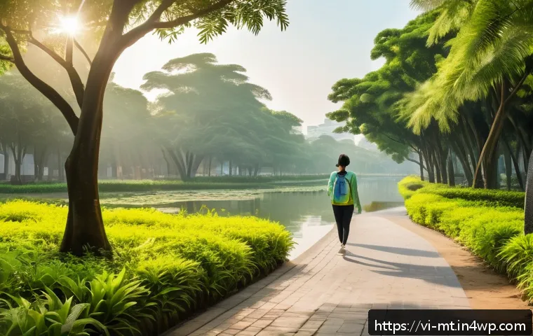 자연과의 연결이 우울증 완화에 미치는 영향 - A peaceful urban park scene in Vietnam during early morning, featuring a middle-aged Vietnamese woma...