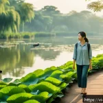 Home 18 자연을 통해 얻는 긍정적 감정 증진 - A peaceful urban park scene in early morning light, featuring a Vietnamese woman in lightweight, cas...