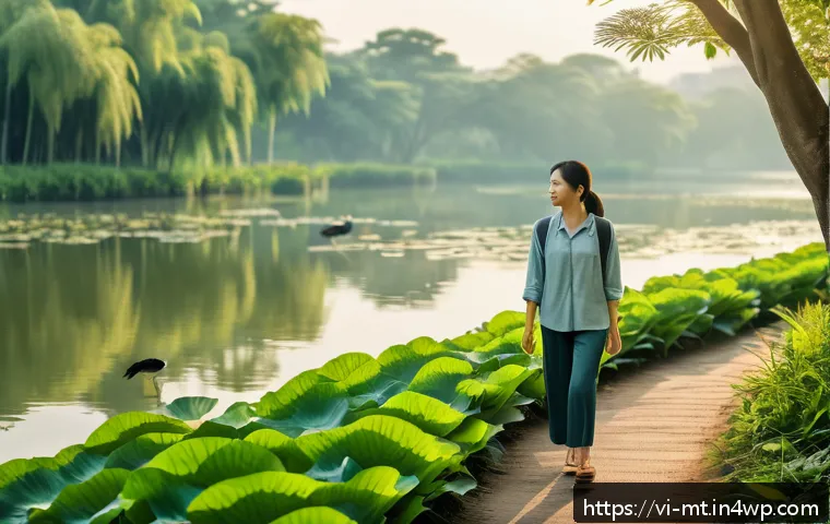 자연을 통해 얻는 긍정적 감정 증진 - A peaceful urban park scene in early morning light, featuring a Vietnamese woman in lightweight, cas...