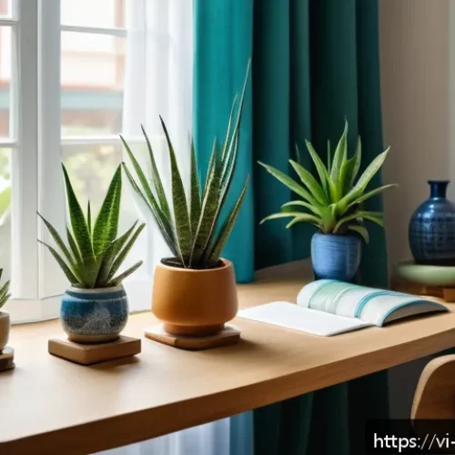 Home 17 자연과의 연결로 스트레스 완화하기 - A cozy indoor workspace scene featuring a wooden desk near a large window with soft natural light po...
