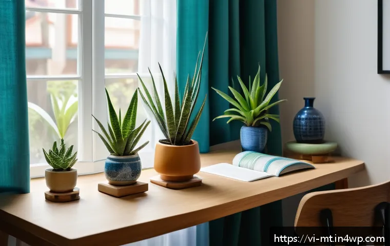 자연과의 연결로 스트레스 완화하기 - A cozy indoor workspace scene featuring a wooden desk near a large window with soft natural light po...